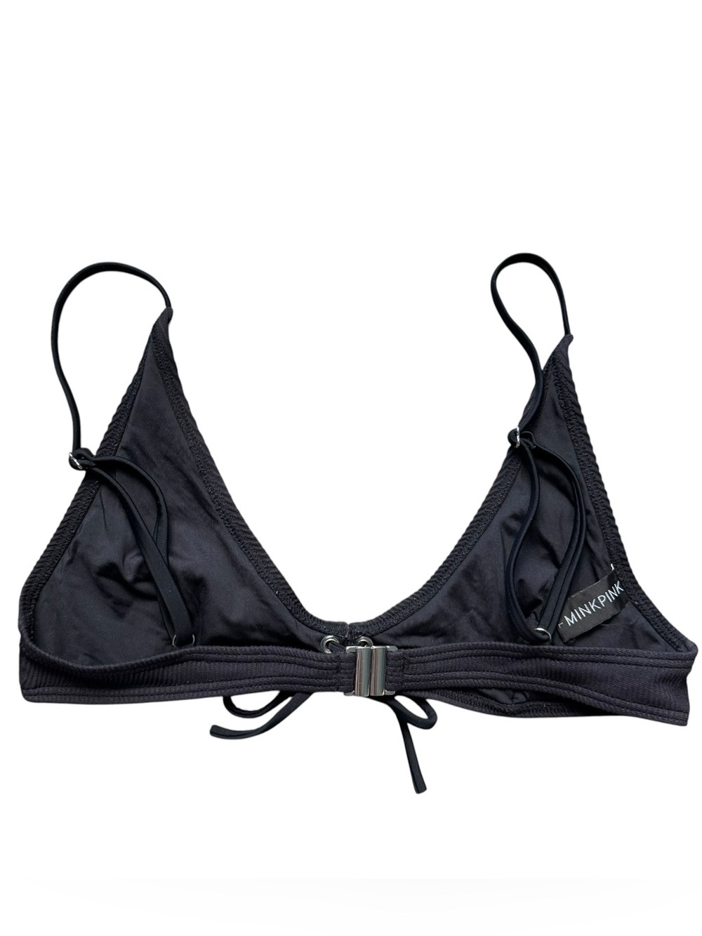 MINKPINK Kylie Black Ribbed Triangle Bikini Top with Front Tie Size L - Picture 4 of 6